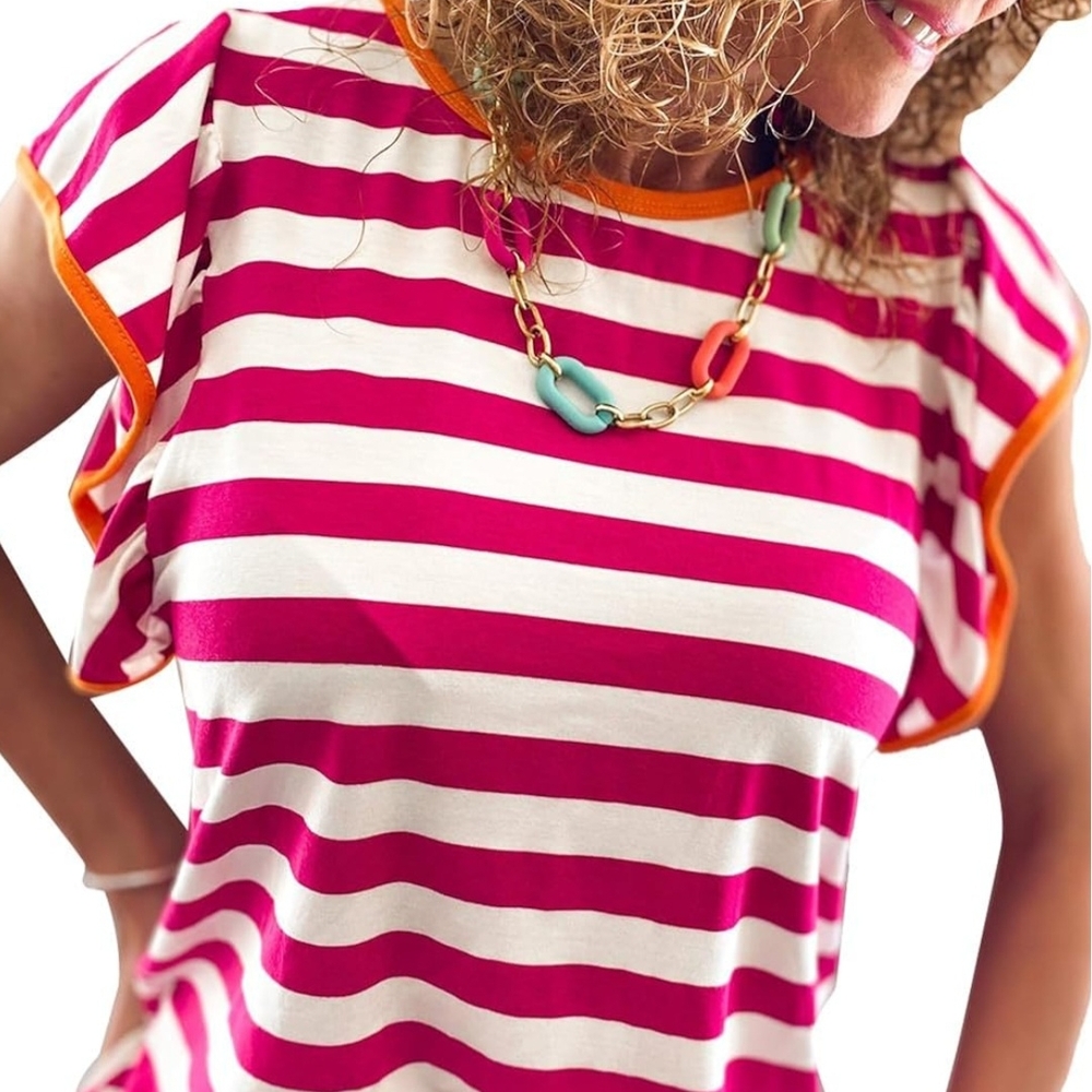 Pink and White Striped Tee with Orange Trim